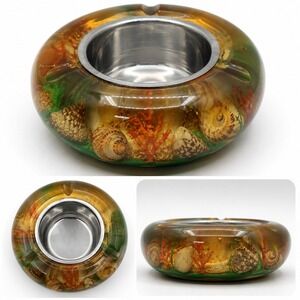 Vintage Lucite Seashell Ashtray Round Resin Coral Nautical‎ UV Glow Mid Century